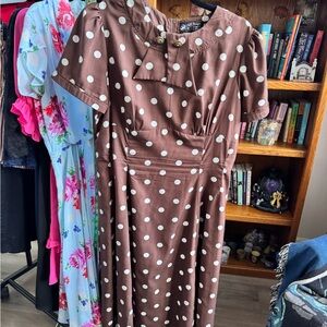 Hell Bunny Brown and White Polka Dot Midi Dress
